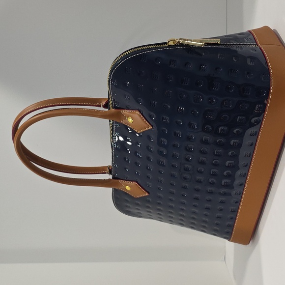 NWT ✅ ARCADIA Top Handles Patent Leather Dome Satchel BLUE / TAN +Dust Bag & COA - Picture 5 of 13
